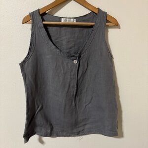 Cut Loose Front Pleat Mother of Pearl Button Tank Top Gray Raw Edge Lagenlook-S